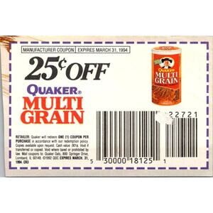 25¢ Off Quaker Multi Grain 800 Springer Dr Lombard IL 1980s Coupon SAI1-M5